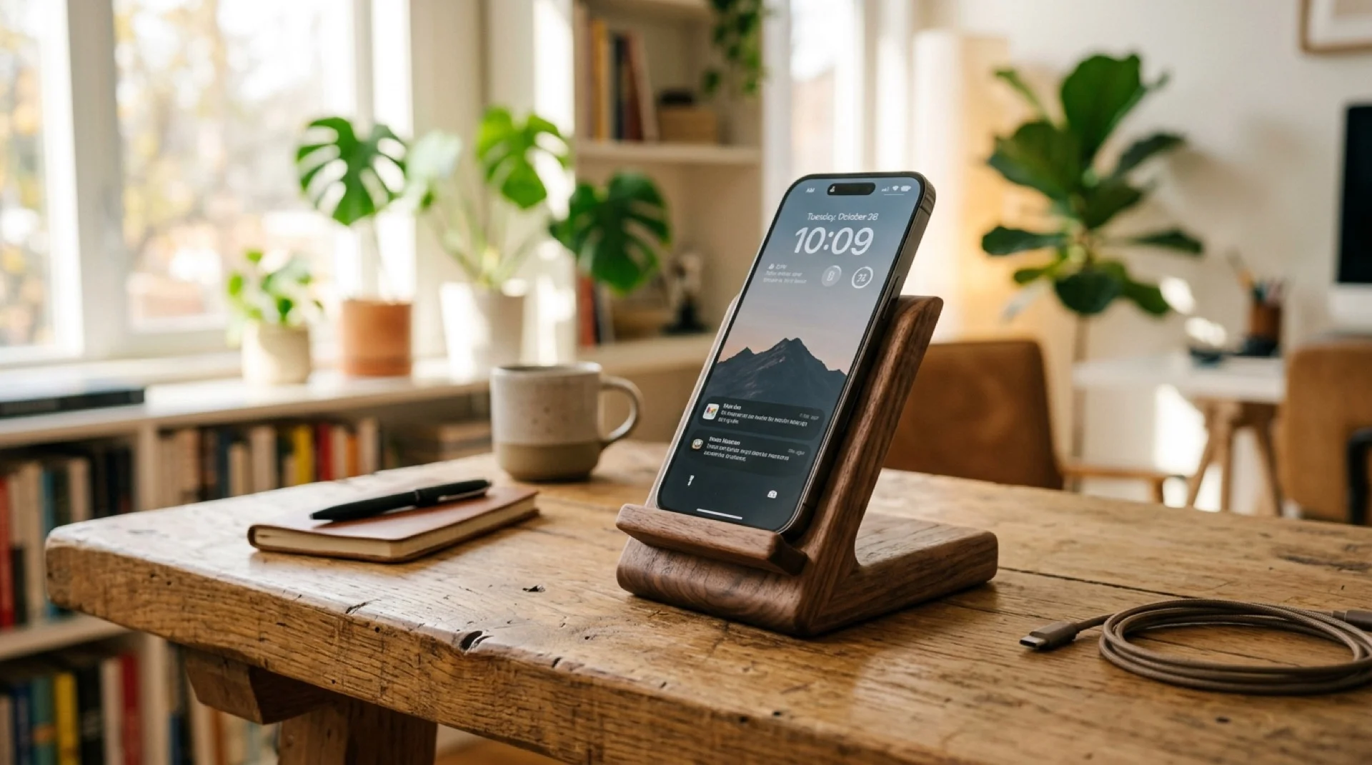 Termka walnut phone stand with smartphone on a modern wooden desk with plants and coffee
