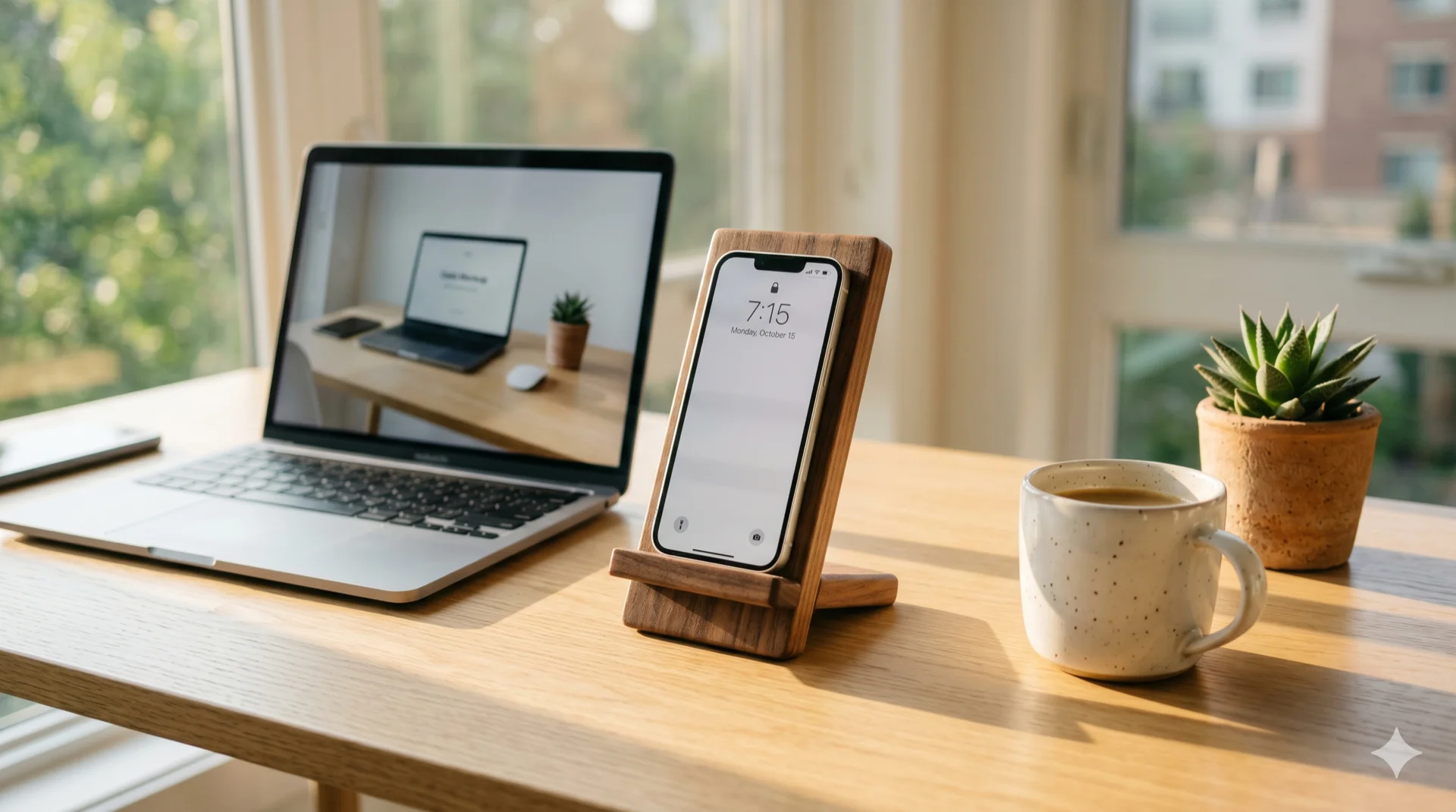 Termka walnut phone stand on a modern desk setup